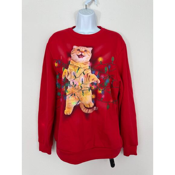 Fifth Sun Light Up Cat Christmas Sweatshirt Red Medium - Picture 1 of 8